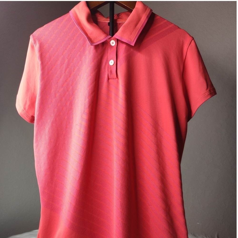 Nike Polo Shirt Women Medium Coral‎ Pink Diagonal Stripe Textured Golf Top